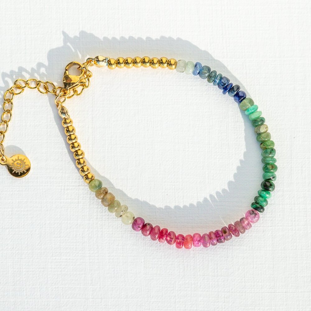 GORGEOUS Rainbow SAPPHIRE Beaded Bracelet Waterproof Gold Non-Tarnish Bracelet